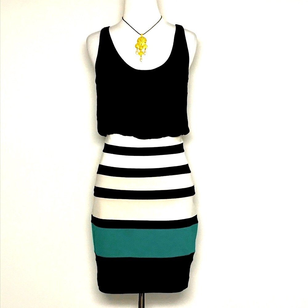 Express Women’s Black, Cream & Green Striped Tunic Stretch BodyCon Dress Size XS